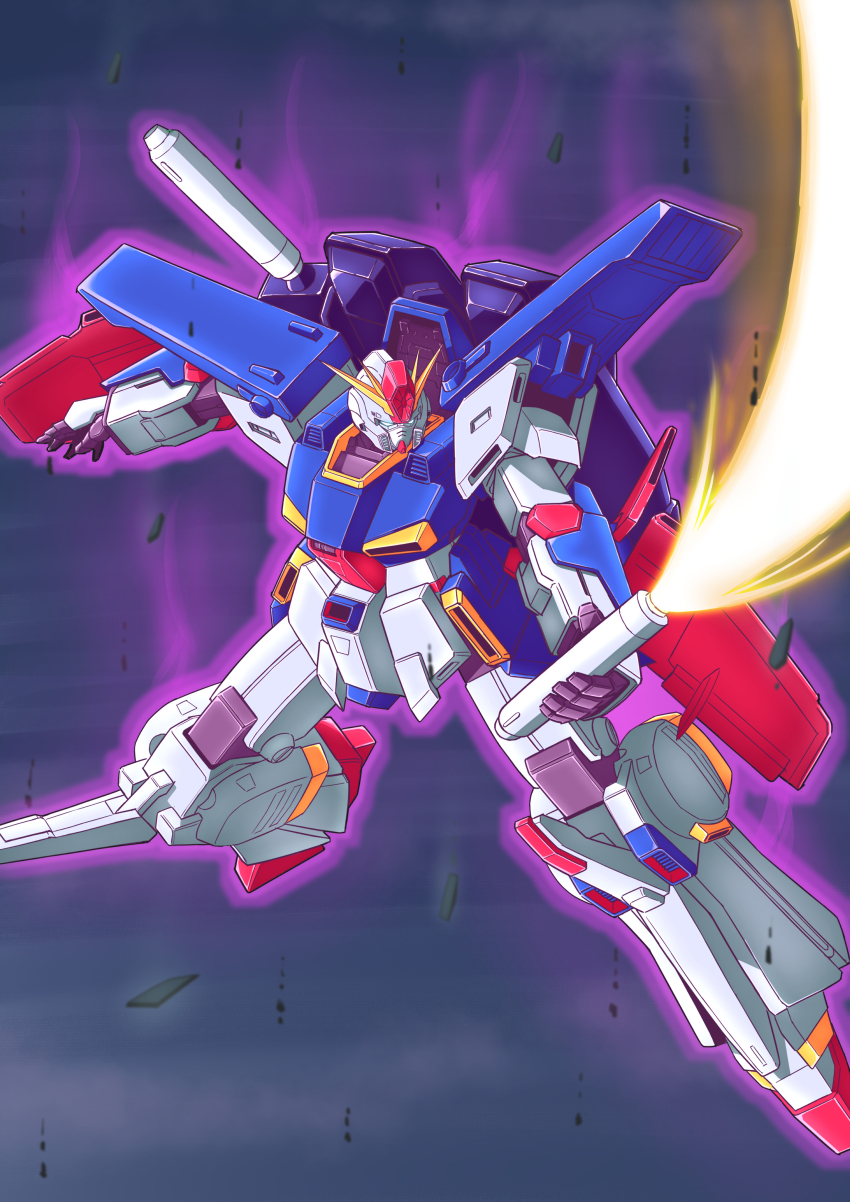 absurdres, aeug, commentary_request, double_beam_cannon, eccu7732, energy_sword, glowing, green_eyes, gundam, gundam_zz, highres, holding, holding_sword, holding_weapon, machinery, mecha, mecha_focus, mobile_suit, no_humans, robot, science_fiction, shield, solo, sword, v-fin, weapon, zz_gundam