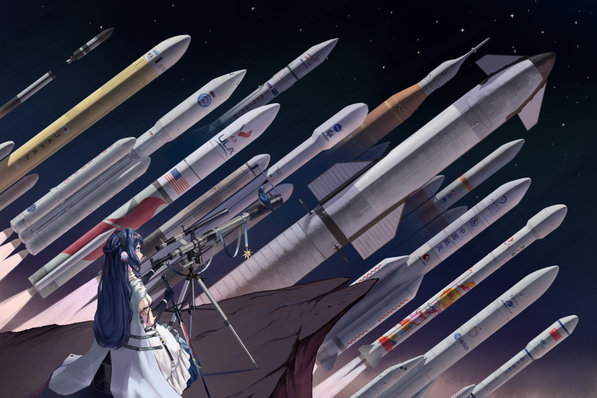 1girl, absurdres, arknights, astesia_(arknights), astesia_(starseeker)_(arknights), bird, bird_on_object, blue_eyes, chinese_national_space_administration, european_space_agency, from_behind, gloves, highres, holding, holding_sword, holding_weapon, logo, nasa, nasa_logo, real_life, ribbon, rocket_ship, sitting, sky, solo, spacecraft, spacex, star_(sky), starry_sky, sword, telescope, weapon, wide_shot, wuudete