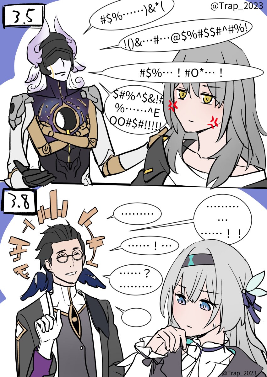 2boys, 2girls, absurdres, angry, bald, brown_hair, firefly_(honkai:_star_rail), gopher_wood