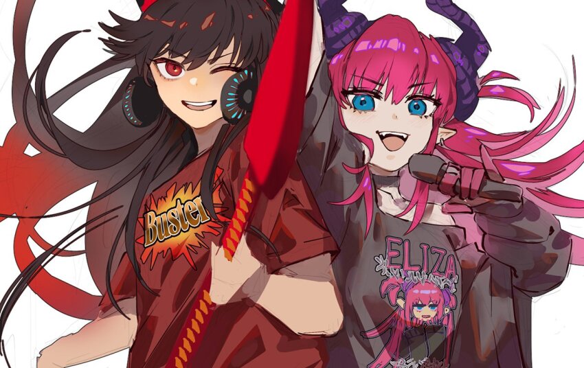 2girls, arm_up, blue_eyes, brown_hair, buster_shirt, bvixii, commentary, earrings, elizabeth_bathory_(fate), english_commentary, fangs, fate/grand_order, fate_(series), guitar, headphones, headphones_around_neck, holding, holding_microphone, horns, instrument, jewelry, looking_at_viewer, microphone, multiple_girls, oda_nobunaga_(fate), oda_nobunaga_(swimsuit_berserker)_(fate), oda_nobunaga_(swimsuit_berserker)_(first_ascension)_(fate), pink_hair, pointy_ears, red_eyes, simple_background, sketch, white_background