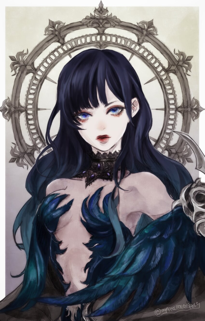 1girl, bare_shoulders, black_hair, blue_eyes, border, commentary, corruption, dark_persona, expressionless, final_fantasy, final_fantasy_xiv, gaia_(ff14), gradient_background, highres, looking_at_viewer, outside_border, oyatsuredgray, red_lips, solo, strapless, twitter_username, upper_body, white_border