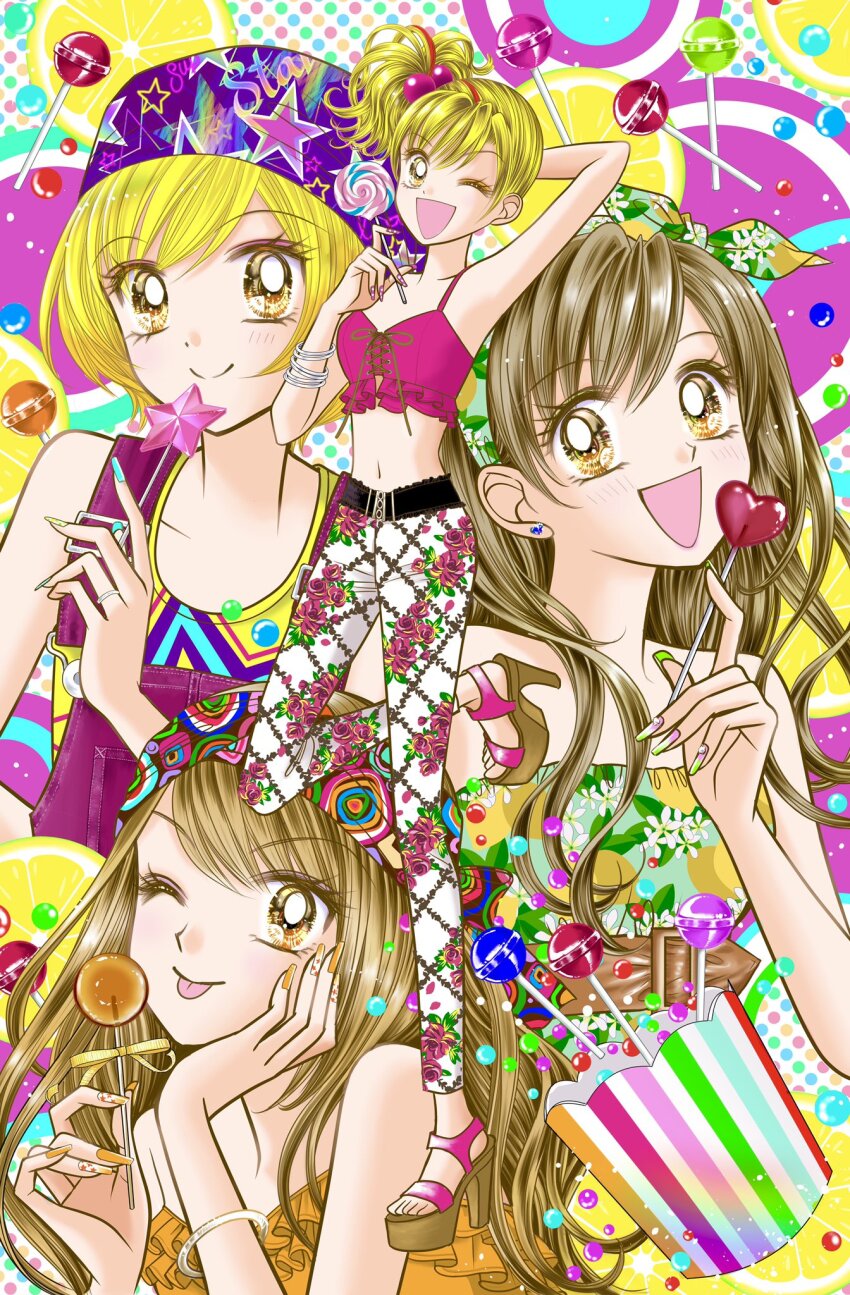 4girls, ;d, ;p, bare_shoulders, blonde_hair, bracelet, brown_eyes, brown_hair