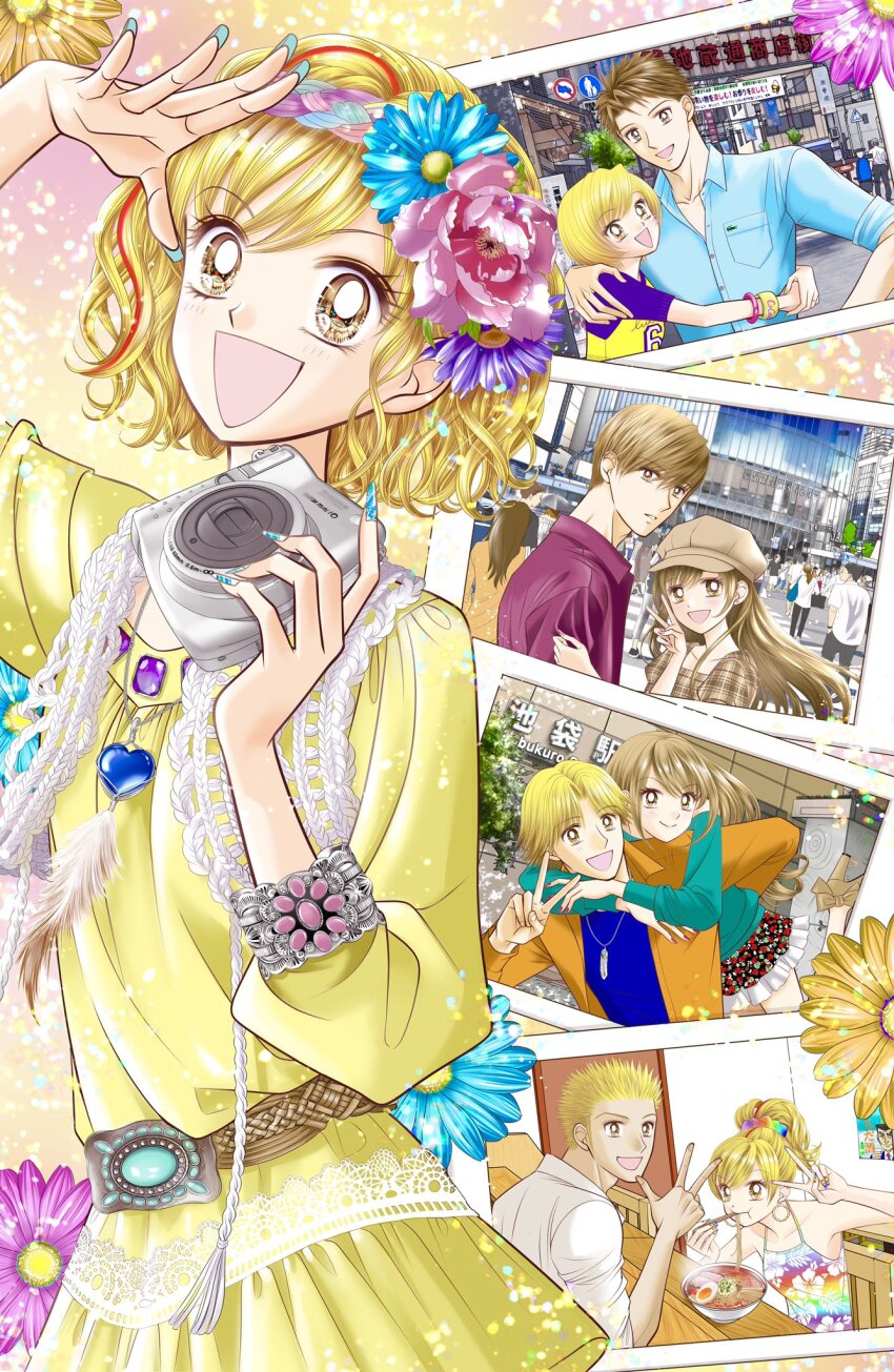 4boys, 4girls, asou_yuuya, blonde_hair, blue_shirt, bowl, bracelet, brown_eyes