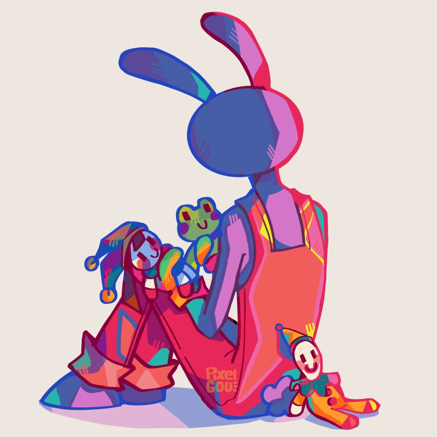 1boy, absurdres, animal_ears, character_doll, commentary, doll, english_commentary, furry, furry_male, highres, holding, holding_doll, jax_(the_amazing_digital_circus), kaufmo_(the_amazing_digital_circus), knees_up, overalls, pixelgou3, pomni_(the_amazing_digital_circus), rabbit_boy, rabbit_ears, red_overalls, ribbit_(the_amazing_digital_circus), signature, sitting, the_amazing_digital_circus