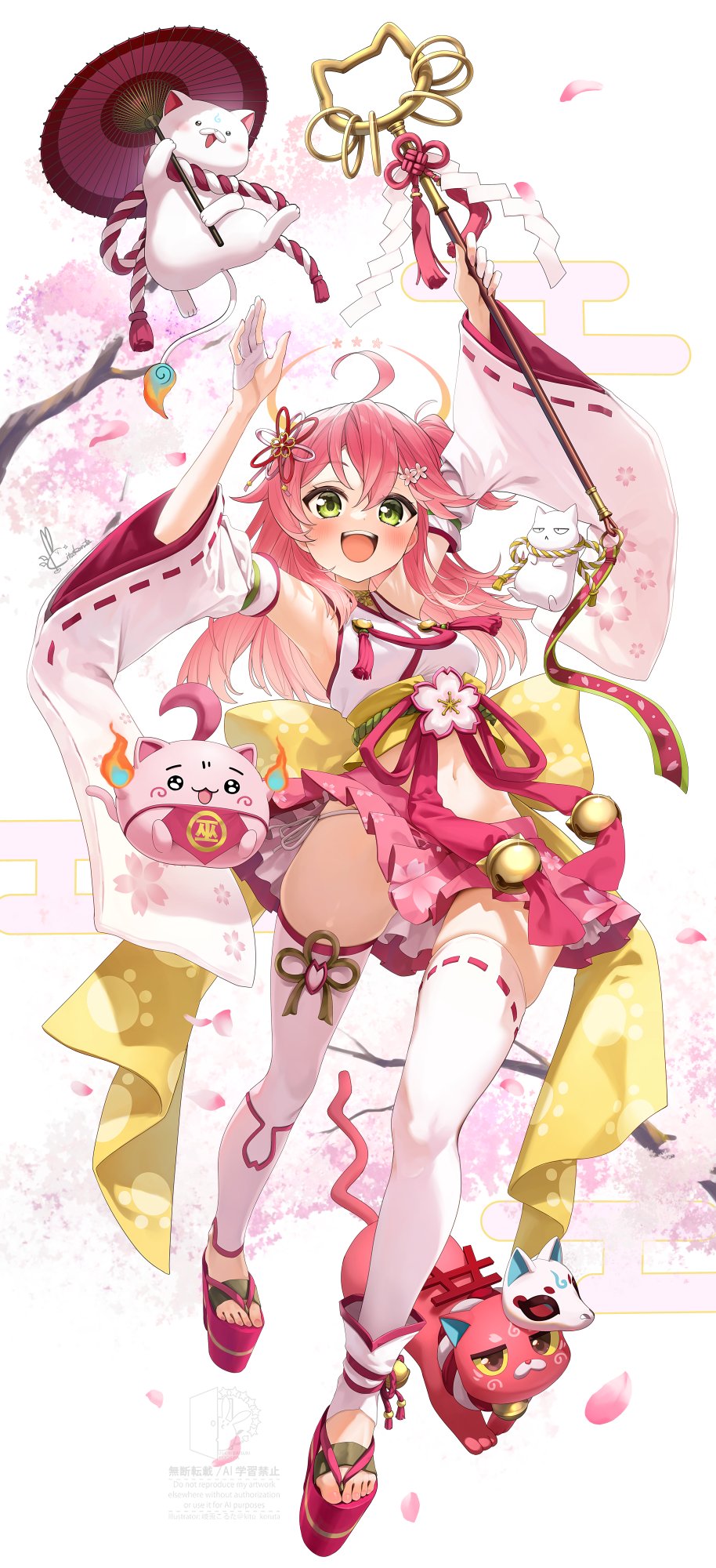 1girl, 35p_(sakura_miko), :d, adapted_costume, ahoge, armpits, arms_up, back_bow