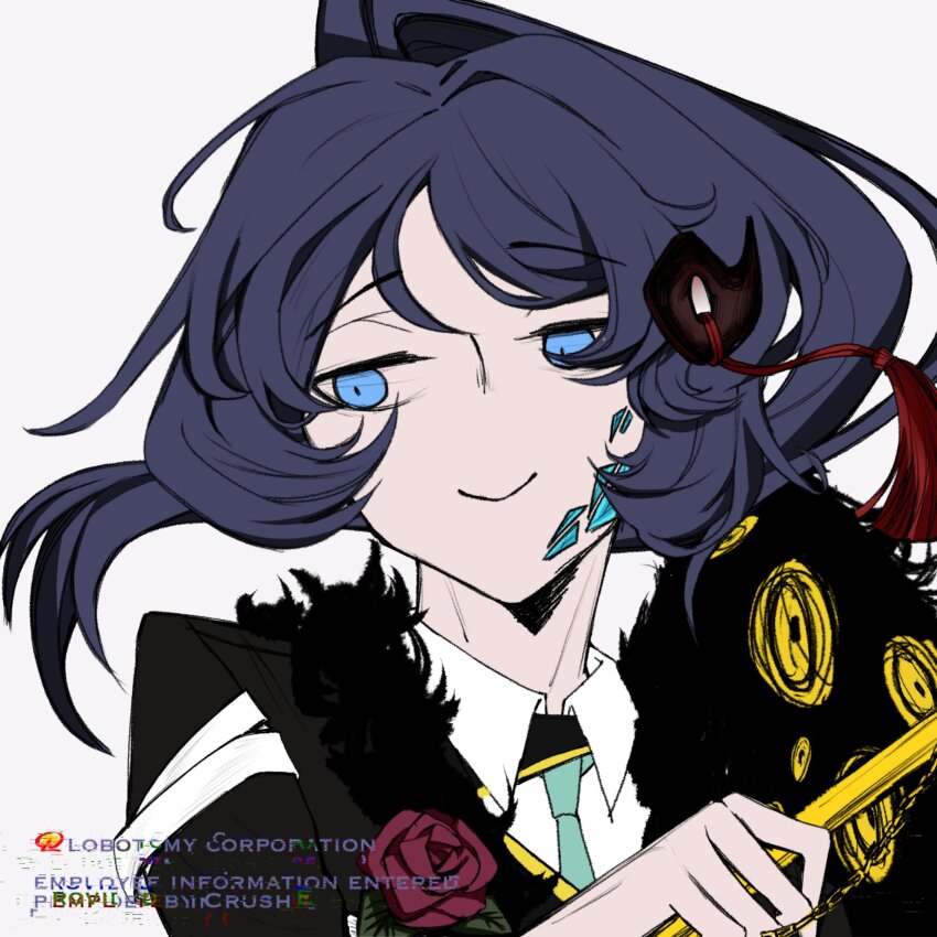 1boy, bandaged_arm, bandages, black_coat, black_fur, blue_eyes, blue_hair, blue_necktie