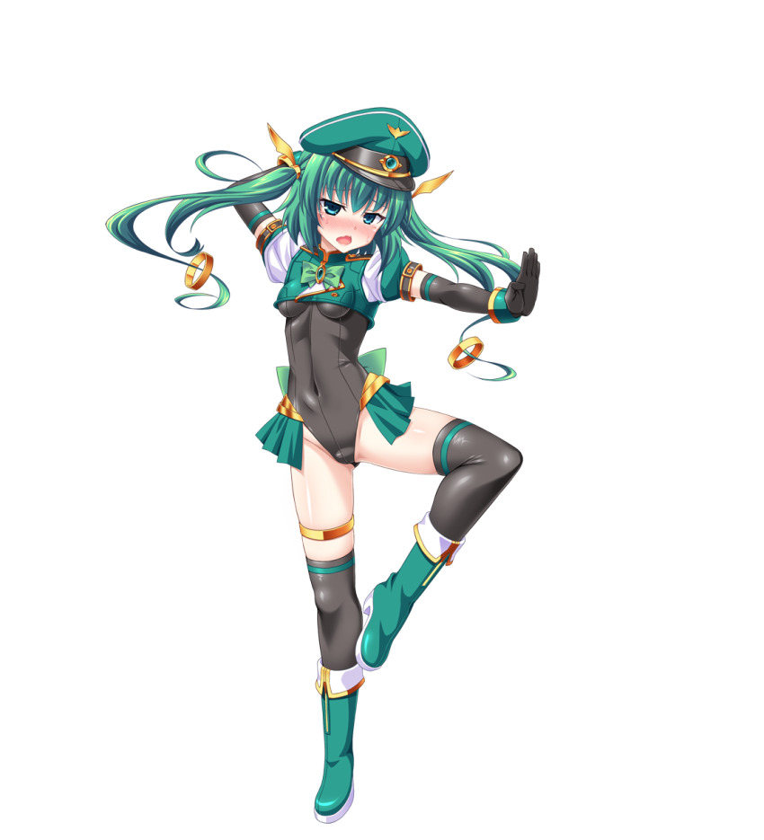 1girl, aoi_masami, aqua_eyes, black_gloves, black_thighhighs, blush, boots, breasts