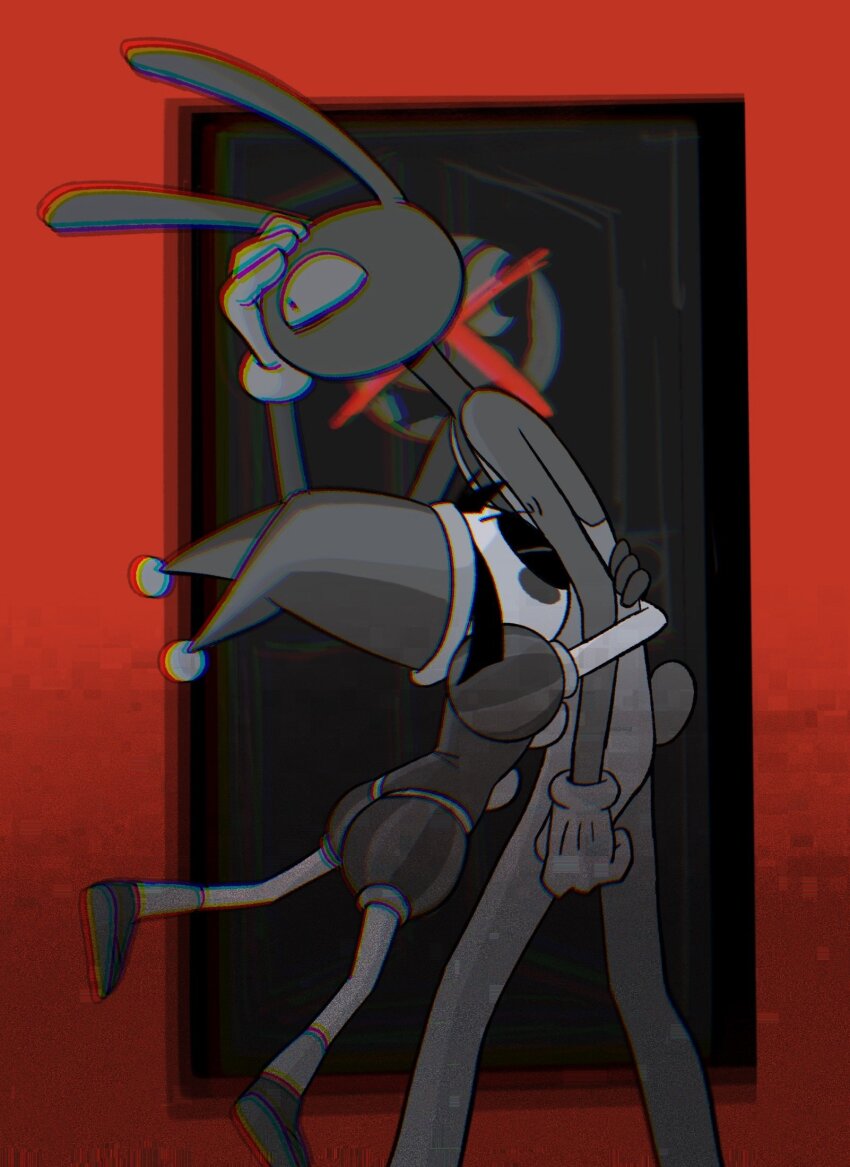 1boy, 1girl, animal_ears, closed_eyes, commentary, foxdaya_(artist), furry, furry_male, greyscale_with_colored_background, hand_on_own_head, hashtag-only_commentary, hat, highres, jax_(the_amazing_digital_circus), jester_cap, pomni_(the_amazing_digital_circus), rabbit_boy, rabbit_ears, red_background, the_amazing_digital_circus