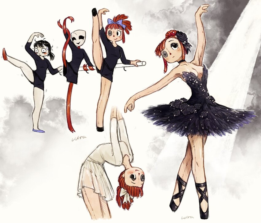 3girls, alternate_costume, arm_up, ballerina, ballet_slippers, black_dress, black_eyes, black_eyeshadow, black_flower, black_hair, black_shoes, blue_bow, blue_shoes, bow, button_eyes, buttons, commentary, dress, dress_flower, english_commentary, eyeshadow, flower, gangle_(the_amazing_digital_circus), hair_bow, hair_bun, hair_flower, hair_ornament, highres, leg_up, leotard, long_sleeves, lutraviolet, makeup, mismatched_shoes, multiple_girls, pomni_(the_amazing_digital_circus), ponytail, ragatha_(the_amazing_digital_circus), red_shoes, shoes, signature, skirt, the_amazing_digital_circus, white_leotard, white_skirt