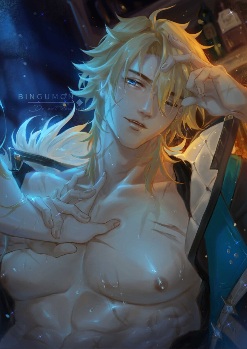 1boy, 1other, abs, artist_name, black_jacket, blonde_hair, blue_eyes, blue_jacket