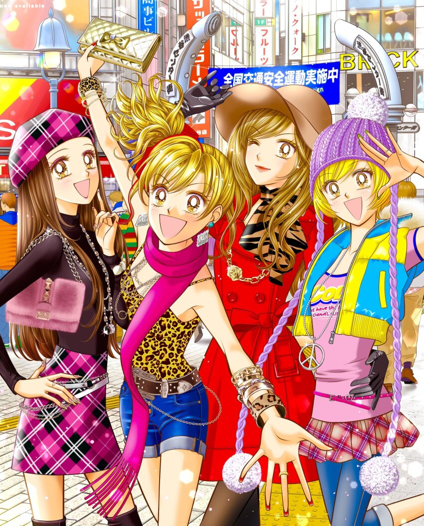 4girls, animal_print, bag, beanie, belt, blonde_hair, bracelet, brown_eyes
