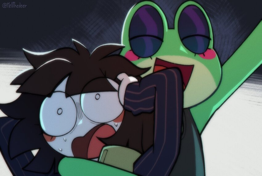 alien_stage, arm_around_shoulder, arm_up, black_hair, black_shirt, black_tank_top, closed_eyes, colored_skin