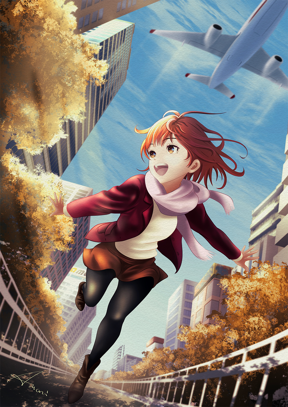 1girl, aircraft, airplane, amari, brown_eyes, building, cloud, cloudy_sky