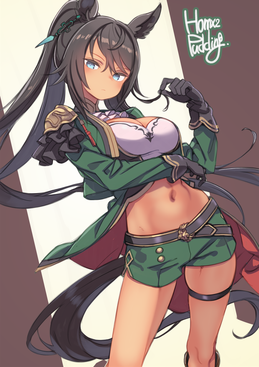 1girl, animal_ears, black_gloves, black_hair, blue_eyes, breasts, commentary_request, dark-skinned_female, dark_skin, gloves, highres, horse_ears, horse_girl, horse_tail, jacket, long_hair, navel, partial_commentary, puddinghomhom, shorts, solo, symboli_kris_s_(onyx_soldier)_(umamusume), symboli_kris_s_(umamusume), tail, thigh_strap, umamusume