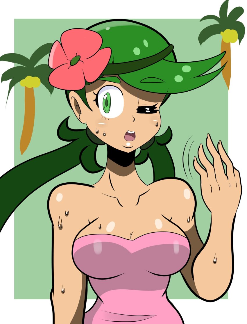 1girl, bare_shoulders, breasts, dark-skinned_female, dark_skin, green_eyes, green_hair, highres