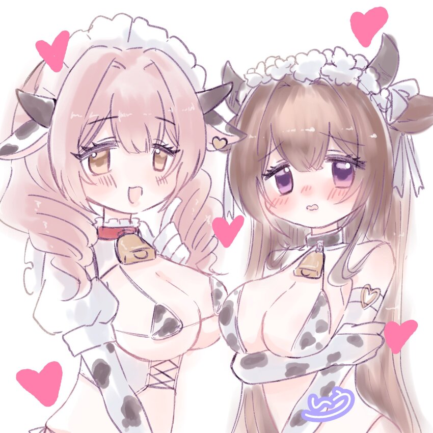 2girls, animal_ears, animal_print, arm_under_breasts, azur_lane, bell, bikini, blush, breasts, brown_hair, cleavage, cow_ears, cow_girl, cow_horns, cow_print, cow_print_bikini, cow_print_gloves, cowbell, cowpens_(azur_lane), cowpens_(milky_ministrations)_(azur_lane), drill_hair, fake_animal_ears, fake_horns, frilled_hairband, frills, gloves, hairband, heart, highres, horns, i_upiyo01, kashino_(azur_lane), kashino_(fresh_and_sweet)_(azur_lane), large_breasts, micro_bikini, multiple_girls, neck_bell, official_alternate_costume, parted_lips, pink_hair, print_bikini, print_gloves, purple_eyes, simple_background, swimsuit, upper_body, white_background, yellow_eyes