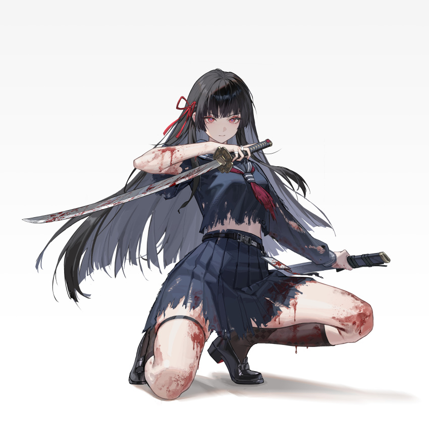 1girl, absurdres, arm_up, black_hair, black_sailor_collar, black_serafuku, black_shirt, black_shoes