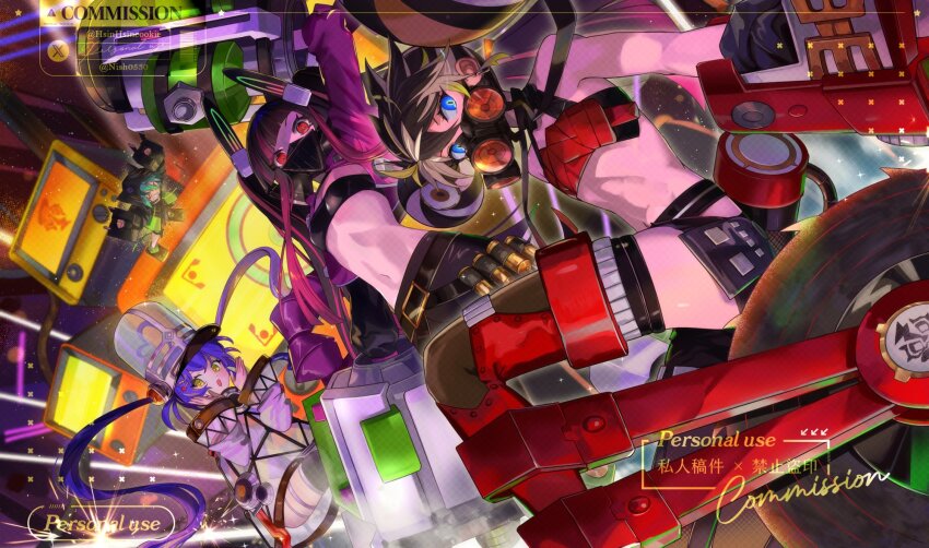 1boy, 1other, 2girls, androgynous, bare_shoulders, blue_eyes, blue_hair, breasts