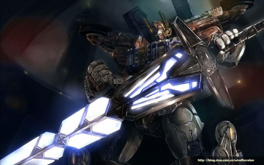 autobot, clenched_hand, epic, glowing, huge_weapon, mecha, no_humans, omega_prime, optimus_prime, realistic, robot, solo, sword, transformers, ultra_magnus, watermark, weapon, web_address, windforcelan