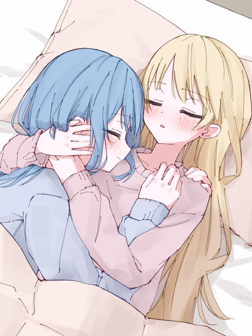 2girls, blonde_hair, blue_hair, blue_sweater, blush, closed_eyes, closed_mouth, cuddling, from_above, hand_in_another's_hair, highres, long_hair, mahou_shoujo_no_majo_saiban, multiple_girls, nekobanana_(m23453456), parted_lips, pillow, pink_sweater, sleeping, sweater, tachibana_sherry, tono_hanna, under_covers, yuri