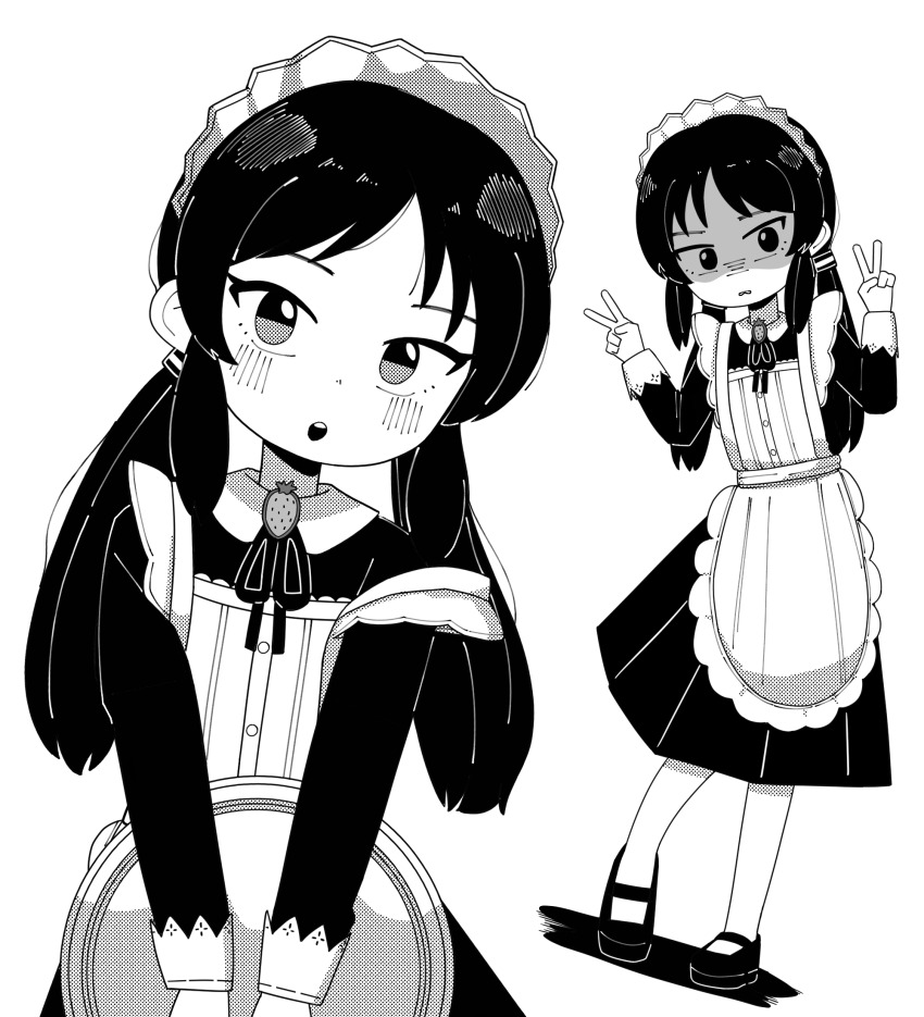 1girl, alternate_costume, apron, blush, double_v, dress, food, fruit