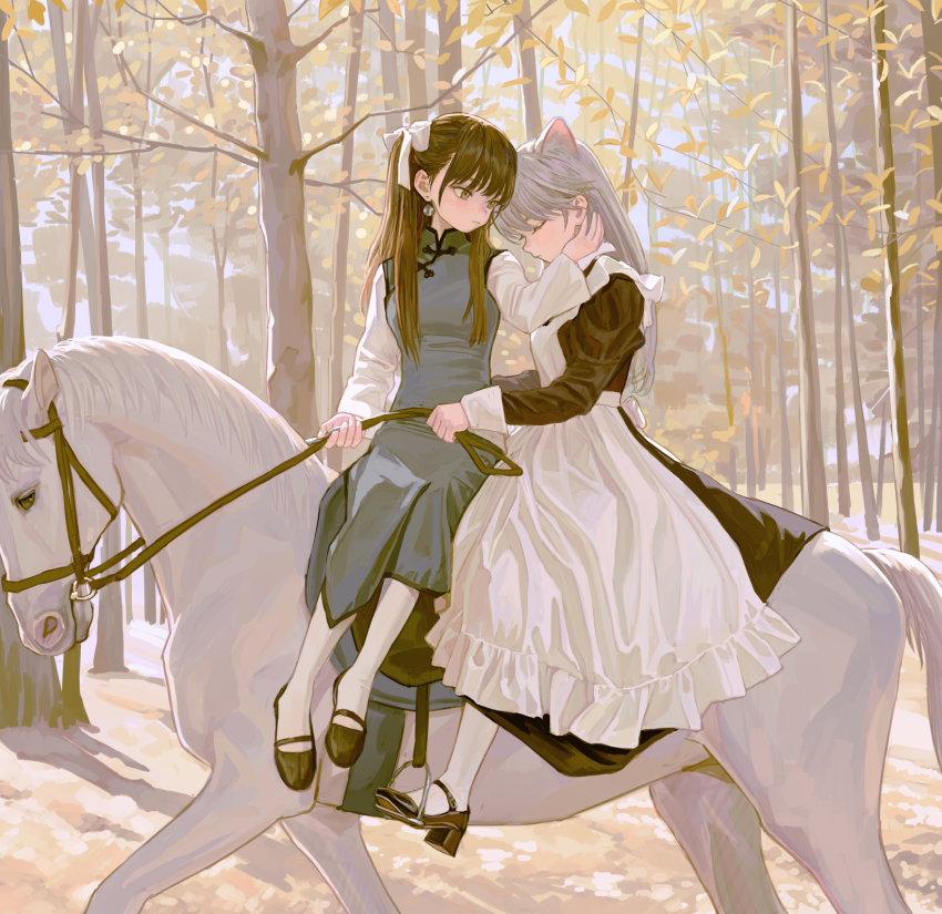 2girls, animal_ears, apron, autumn, autumn_leaves, black_dress, bridle, brown_eyes