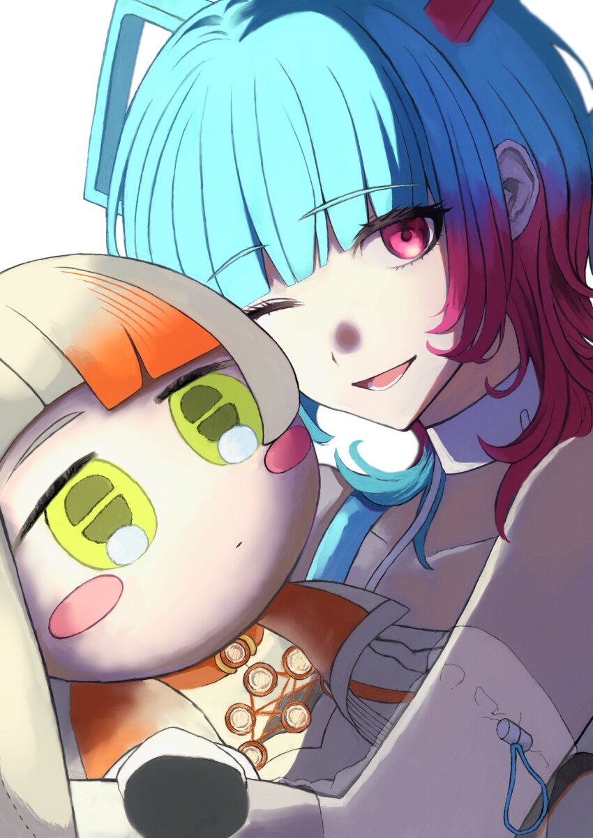 1girl, ;d, aisuu_(voisona), blue_hair, blush, character_doll, chis-a, collarbone