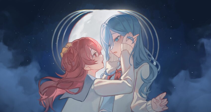 2girls, blue_eyes, blue_hair, blue_sailor_collar, commentary, eye_contact, hand_in_another's_hair, hand_on_another's_face, highres, hinomori_shizuku, jangkrikz, long_hair, looking_at_another, momoi_airi, moon, multiple_girls, neckerchief, night, open_mouth, pink_eyes, pink_hair, project_sekai, red_neckerchief, sailor_collar, star_(sky), tears, two_side_up, yuri