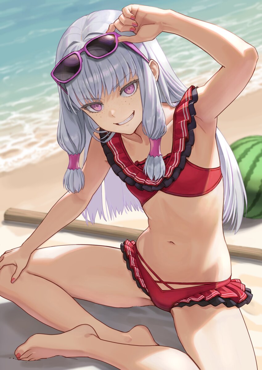 1girl, absurdres, agria_(midsummer_girl)_(tales), agria_(tales), armpits, arms_up, barefoot, beach, bikini, blunt_bangs, commission, eyewear_on_head, freckles, frilled_bikini, frills, hair_rings, highres, indian_style, long_hair, looking_at_viewer, low-tied_sidelocks, nail_polish, navel, ocean, official_alternate_costume, outdoors, purple-framed_eyewear, purple_eyes, red_bikini, red_nails, sand, sidelocks, sitting, smile, solo, stick, suikawari, sunglasses, swimsuit, tales_of_(series), tales_of_asteria, tales_of_the_rays, tales_of_xillia, tantaka, white_hair