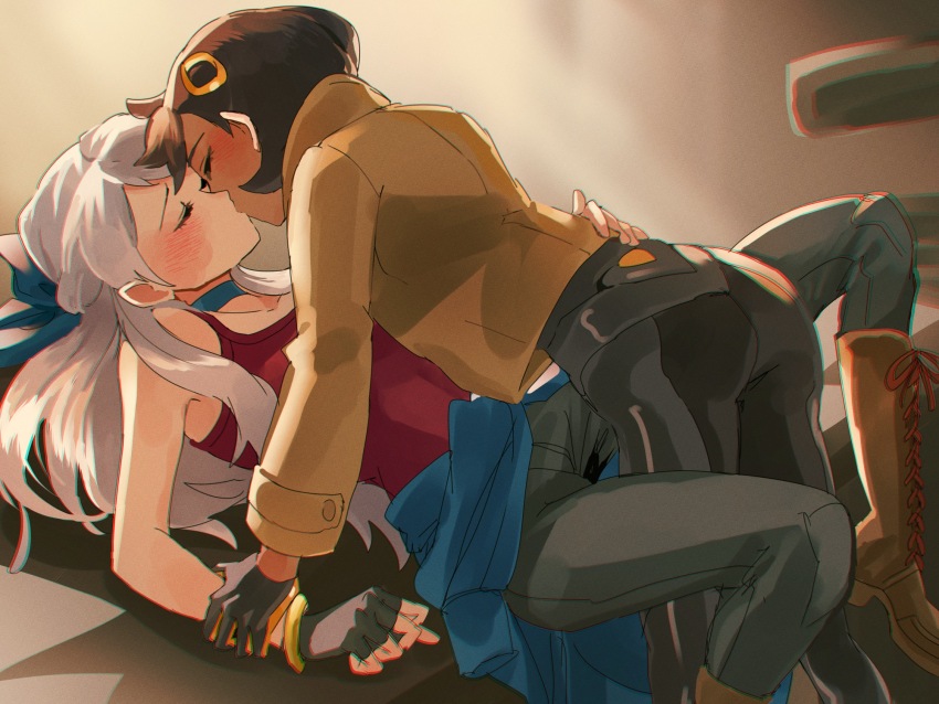 2girls, ass, bangle, black_bodysuit, black_gloves, black_hair, black_pants, blue_bow, blue_choker, blush, bodysuit, bodysuit_under_clothes, boots, bow, bracelet, breasts, brown_boots, brown_jacket, choker, closed_eyes, commentary, commission, crossover, dark-skinned_female, dark_skin, emma_(pokemon), english_commentary, fingerless_gloves, fire_emblem, fire_emblem:_radiant_dawn, full_body, fusenryo, gloves, gold_bangle, hair_ornament, hand_on_another's_arm, hand_on_another's_hip, highres, jacket, jewelry, kiss, knee_boots, long_hair, long_sleeves, micaiah_(fire_emblem), multiple_girls, nintendo, pants, pokemon, pokemon_legends:_z-a, red_tank_top, second-party_source, short_hair, small_breasts, smile, tank_top, white_hair, yuri