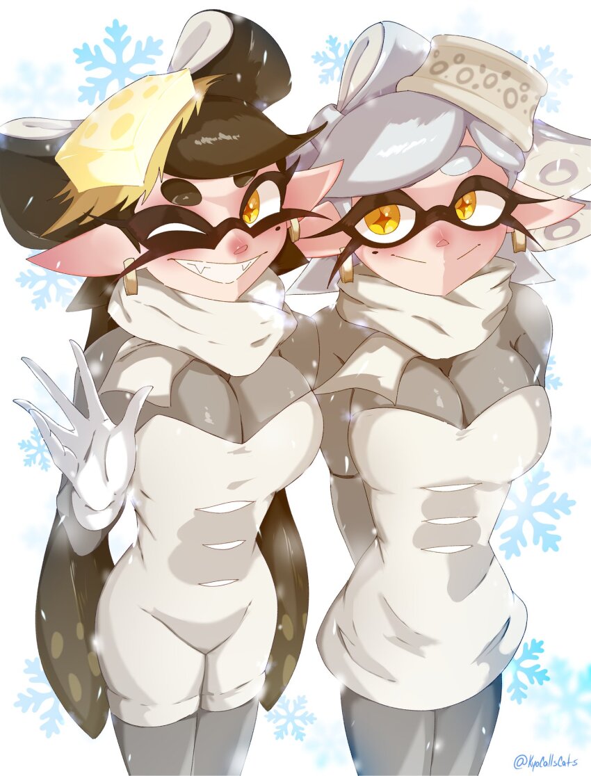 +_+, 2girls, black_hair, breasts, callie_(frostyfest)_(splatoon), callie_(splatoon), cleavage, cousins