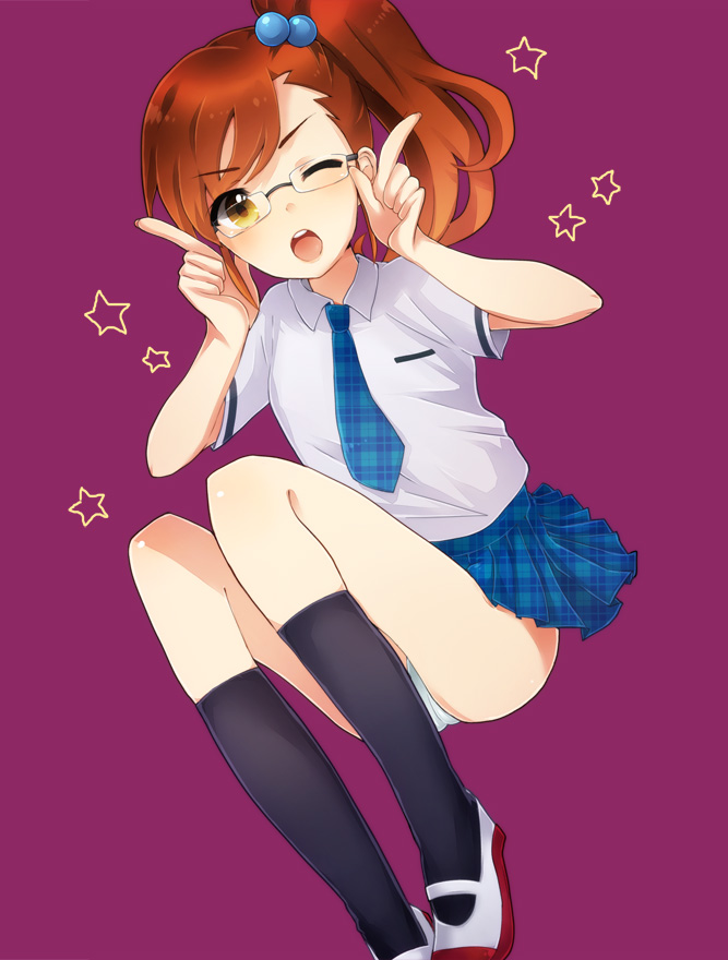 10s, 1girl, 81_(mellowry), ;o, bespectacled, black_thighhighs, blue_skirt, brown_eyes