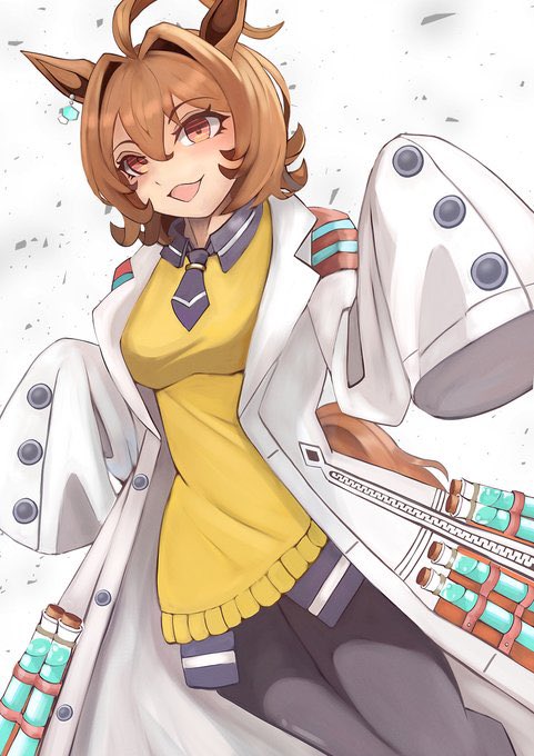 1girl, agnes_tachyon_(tach-nology)_(umamusume), agnes_tachyon_(umamusume), ahoge, animal_ears, black_necktie, black_pantyhose, blush