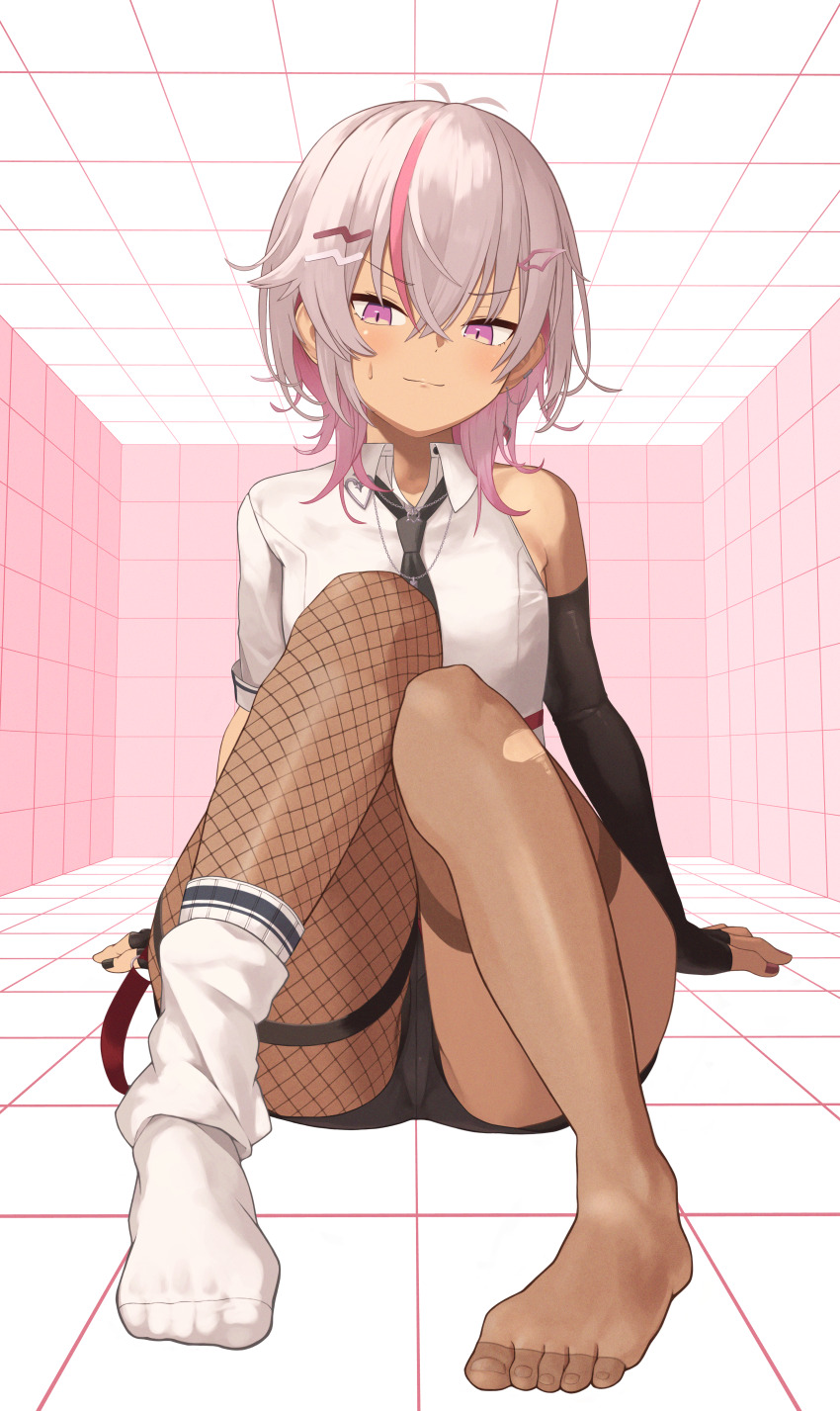 1girl, absurdres, black_nails, black_necktie, breasts, closed_mouth, dark-skinned_female, dark_skin