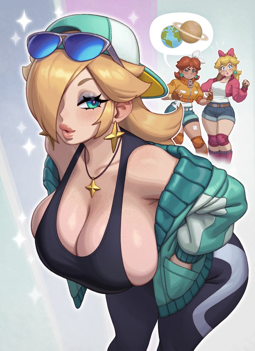 3girls, absurdres, alternate_breast_size_(larger), bare_shoulders, blonde_hair, blue_eyes, bow, breast_envy, breasts, brown_hair, bursting_breasts, cleavage, denim, denim_shorts, earrings, eyeshadow, female_focus, flower_earrings, gloves, hair_bow, hair_over_one_eye, highres, huge_breasts, jacket, jewelry, large_breasts, leaning_forward, long_hair, looking_at_viewer, makeup, mario_(series), mario_kart, mario_kart_world, multiple_girls, necklace, nintendo, open_mouth, pink_jacket, pink_lips, ponytail, princess_daisy, princess_daisy_(touring), princess_peach, princess_peach_(touring), puckered_lips, riz, rosalina, rosalina_(touring), seductive_gaze, seductive_smile, shorts, sideboob, smile, sphere_earrings, star_(symbol), star_earrings, super_mario_galaxy, tank_top, thick_lips