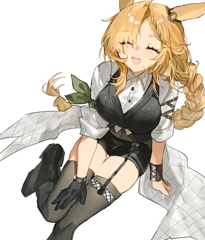 1girl, absurdres, animal_ears, arknights, black_boots, black_shorts, black_vest, blonde_hair