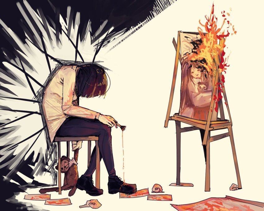 2girls, black_pants, black_shoes, canvas_(object), commentary, crumpled_paper, english_commentary, fire, hell_screen, holding, holding_stuffed_toy, limbus_company, multiple_girls, paint, paintbrush, painting_(object), pants, paper, project_moon, rugwurm, ryoshu_(project_moon), shirt, shoes, stuffed_animal, stuffed_monkey, stuffed_toy, white_shirt