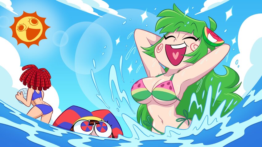 3girls, absurdres, arms_behind_back, arms_behind_head, arms_up, ass, back, ball