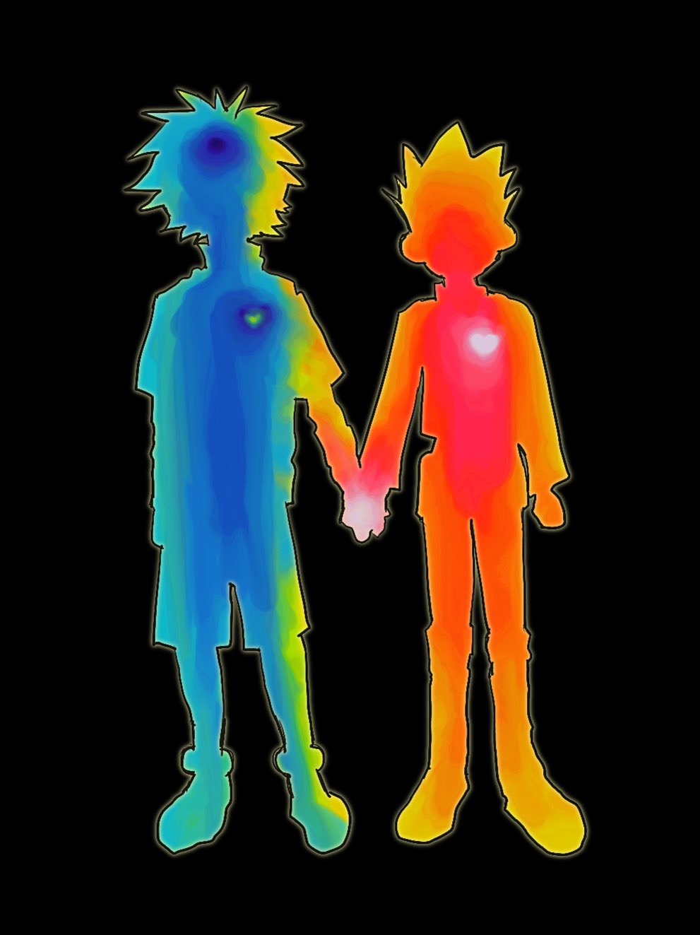 2boys, black_background, commentary, full_body, gon_freecss, heart, heart_symbol_as_organ, highres