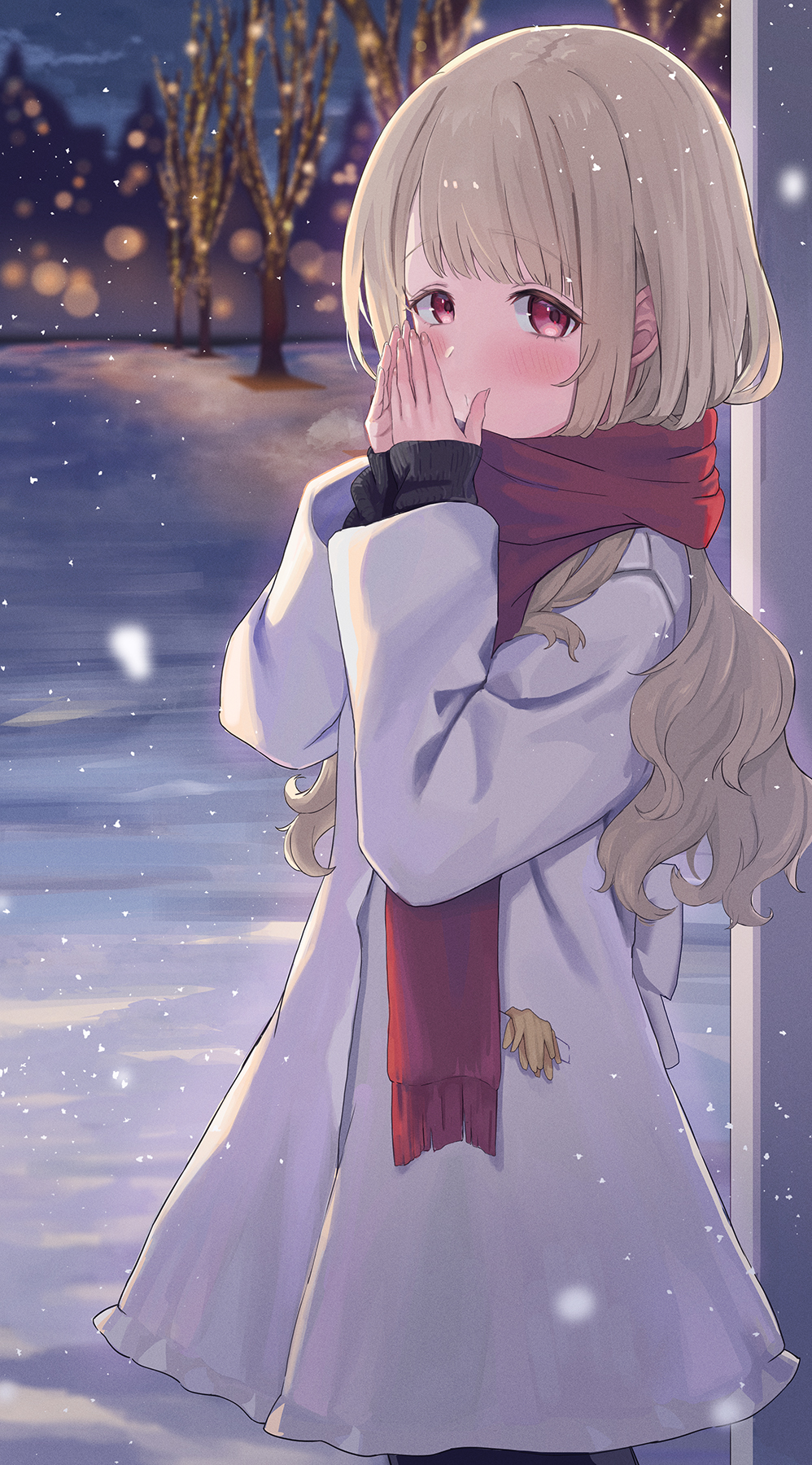 1girl, back_bow, bare_tree, black_sweater, blonde_hair, blurry, bokeh, bow