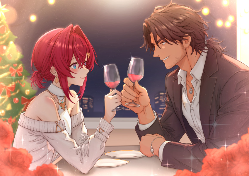 1boy, 1girl, adam's_apple, alcohol, alternate_costume, ange_katrina, arm_rest, bare_shoulders