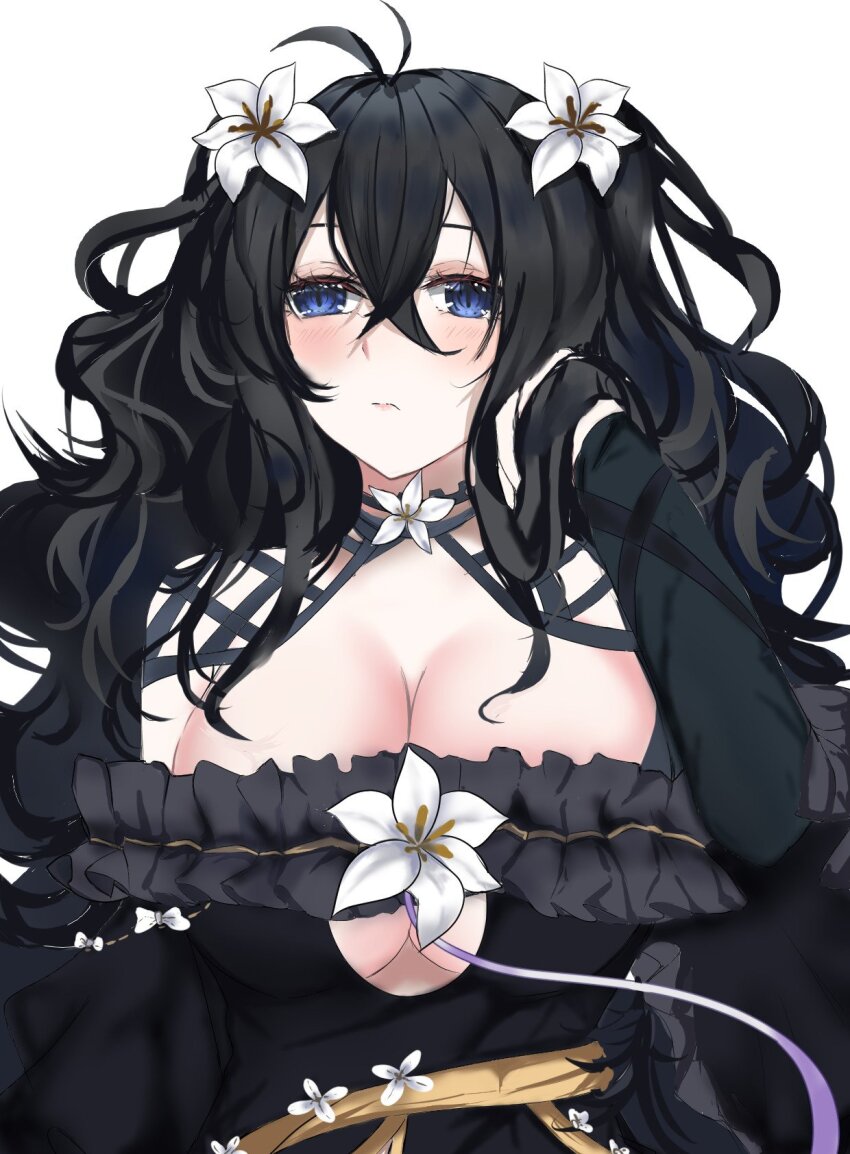 1girl, azur_lane, bare_shoulders, black_dress, black_hair, blue_eyes, breasts, cleavage, clothing_cutout, commentary, dismaer, dress, english_commentary, flower, frilled_dress, frills, fubuki_(senran_kagura), hair_between_eyes, hair_flower, hair_ornament, hand_in_own_hair, highres, huge_breasts, long_hair, long_sleeves, senran_kagura, simple_background, solo, underboob, underboob_cutout, upper_body, white_background, white_flower