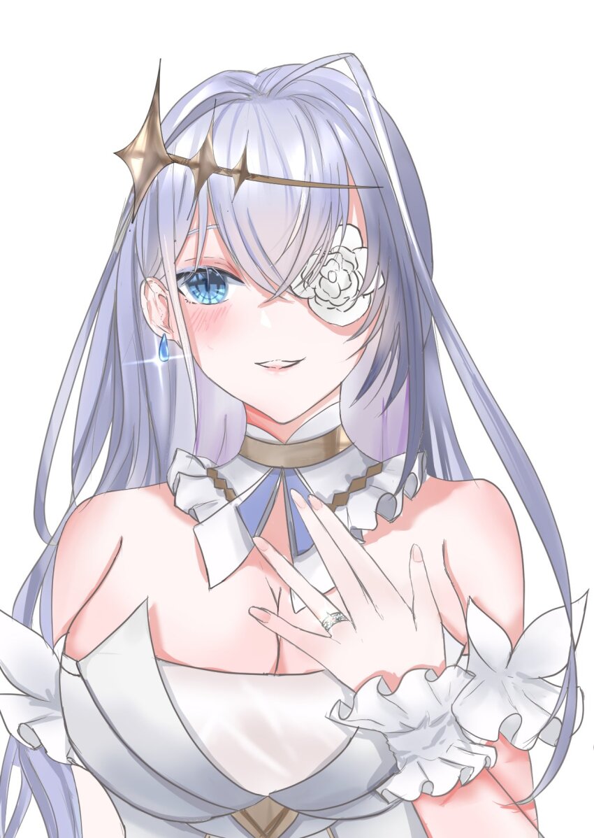 1girl, azur_lane, bare_shoulders, blue_eyes, blue_gem, breasts, cleavage, commentary