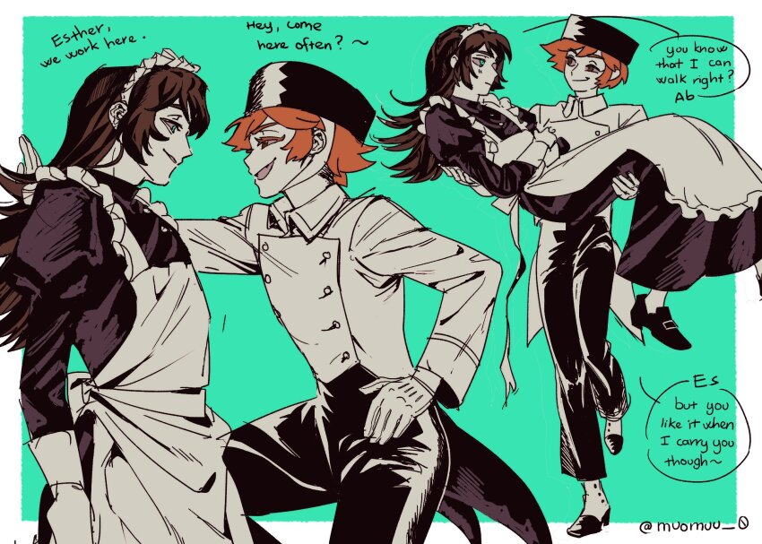 1boy, 1girl, abaddon_(haunted_hotel), aged_up, apron, assertive_female, bell-boy_hat, bellhop_uniform