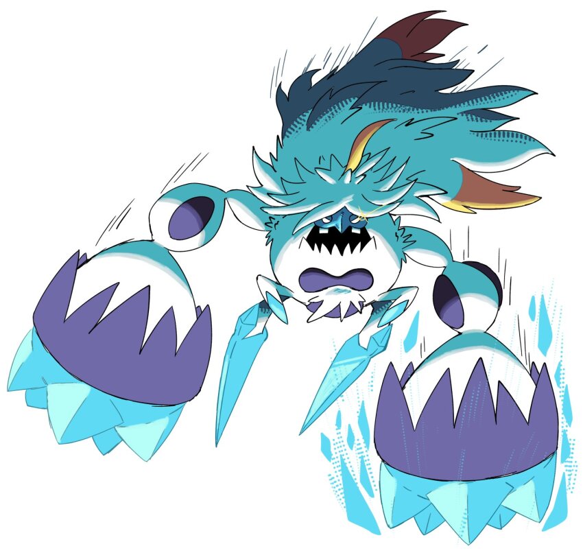 ahoge, animal_focus, blank_eyes, blonde_hair, blue_trim, body_fur, colored_skin, crab, crabominable, gen_7_pokemon, goofygoobafish, highres, ice, long_hair, mega_crabominable, mega_pokemon, multicolored_hair, nintendo, no_humans, pokemon, pokemon_(creature), pokemon_focus, purple_fur, purple_skin, teeth, two-tone_hair, v-shaped_eyes, white_fur, white_hair, yeti_(creature)