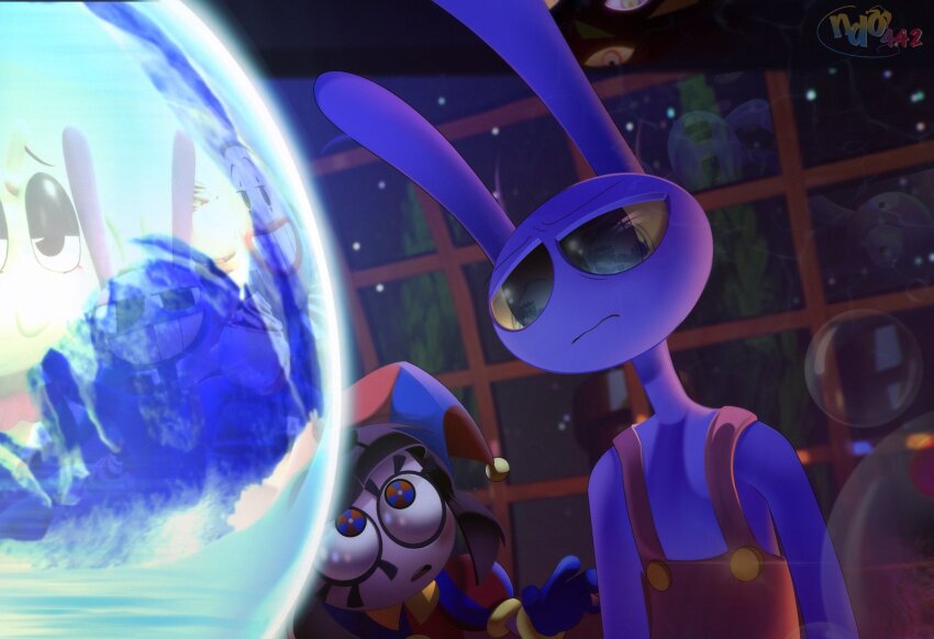 abstraction_(the_amazing_digital_circus), animal_ears, artist_logo, artist_name, black_eyes, black_hair, blue_eyes, blue_gloves