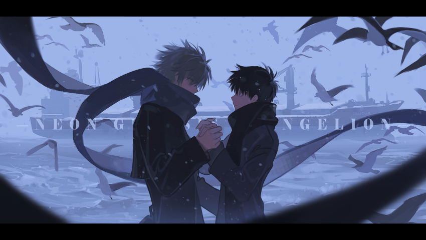 2boys, bird, black_eyes, black_hair, black_jacket, black_scarf, black_sleeves, closed_mouth
