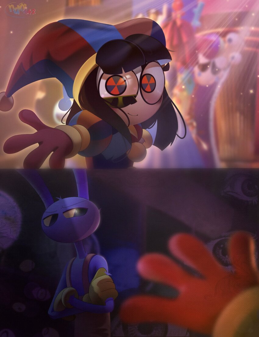 abstract_background, animal_ears, artist_logo, artist_name, black_eyes, black_hair, blue_eyes, colored_sclera, colored_skin, commentary, crossed_arms, english_commentary, furry, furry_male, gangle_(the_amazing_digital_circus), gloves, hat, highres, jax_(the_amazing_digital_circus), jester_cap, kinger_(the_amazing_digital_circus), logo, medium_hair, multicolored_eyes, nddo442, outstretched_arm, outstretched_hand, overalls, rabbit_boy, rabbit_ears, ragatha_(the_amazing_digital_circus), red_eyes, red_gloves, the_amazing_digital_circus, two-tone_eyes, watermark, white_skin, yellow_gloves, yellow_sclera