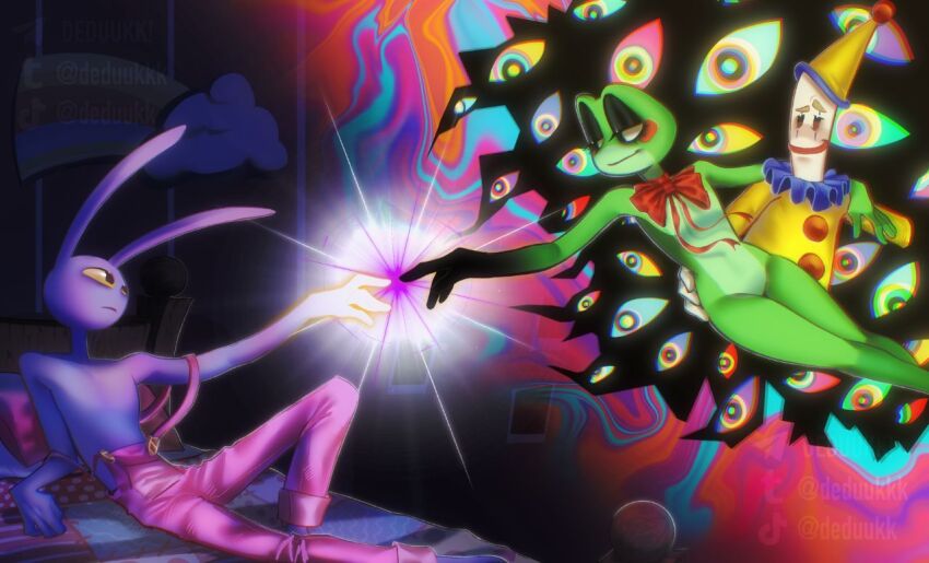 1other, 2boys, abstraction_(the_amazing_digital_circus), animal_ears, artist_name, bow, bowtie, clown