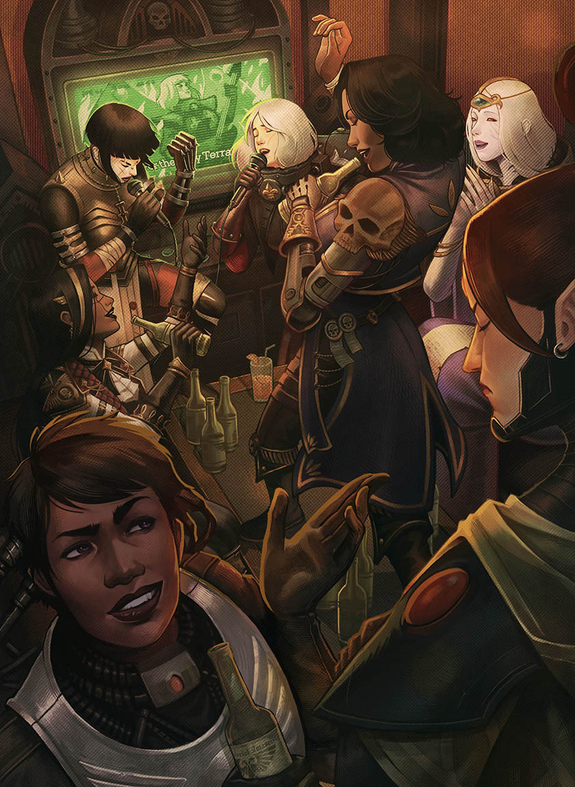 6+girls, adepta_sororitas, beer_bottle, cassia_orsellio, colored_skin, dark_skin, eldar, idira_tlass, jae_heydari, karaoke, krusekis, multiple_girls, rogue_trader_von_valancius, skull_ornament, warhammer_40k, warhammer_40k:_rogue_trader, white_skin, yrliet_lanaevyss